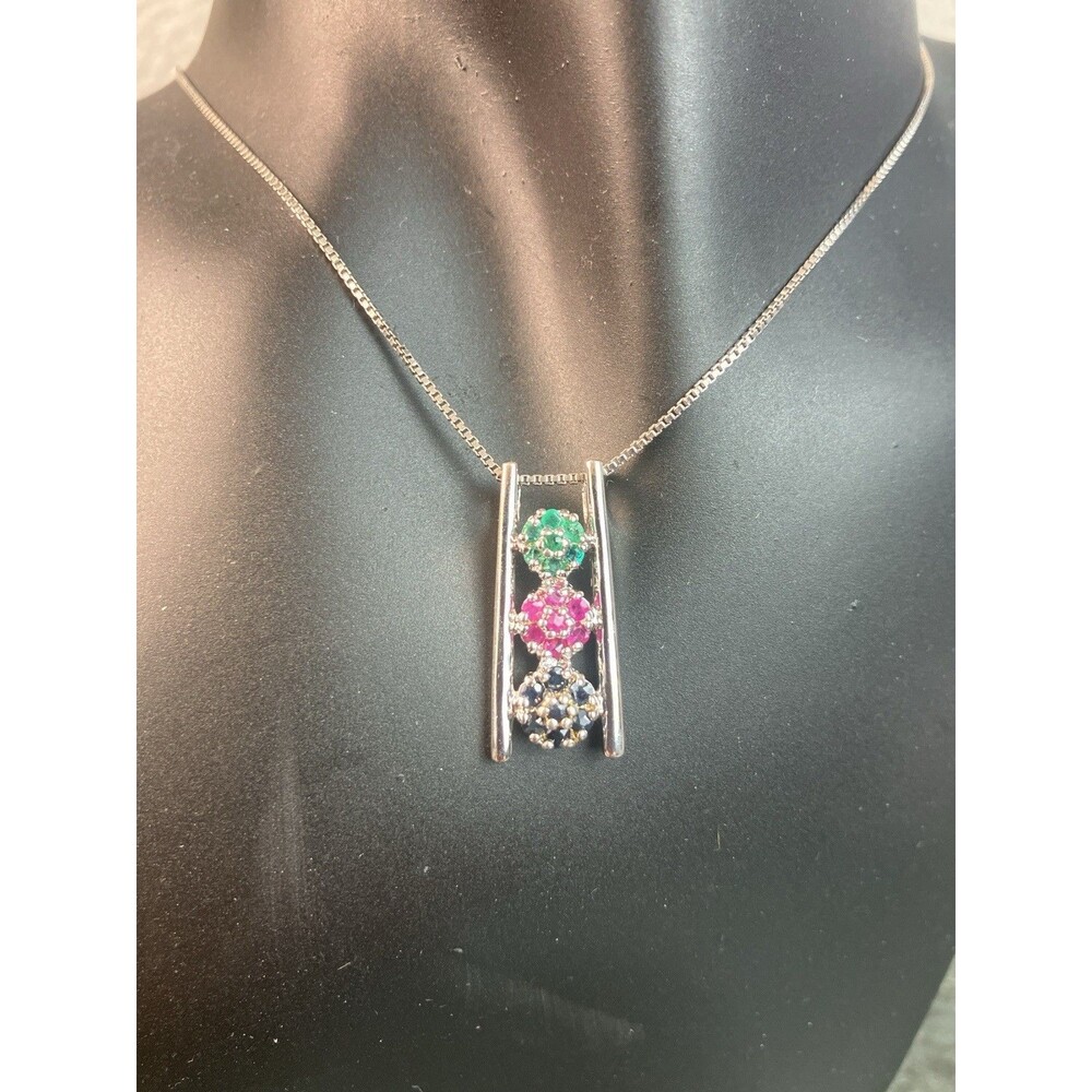 VTG Precious Stone & 925 Sterling Silver Cluster Ladder Pendant on 18” SS Chain
